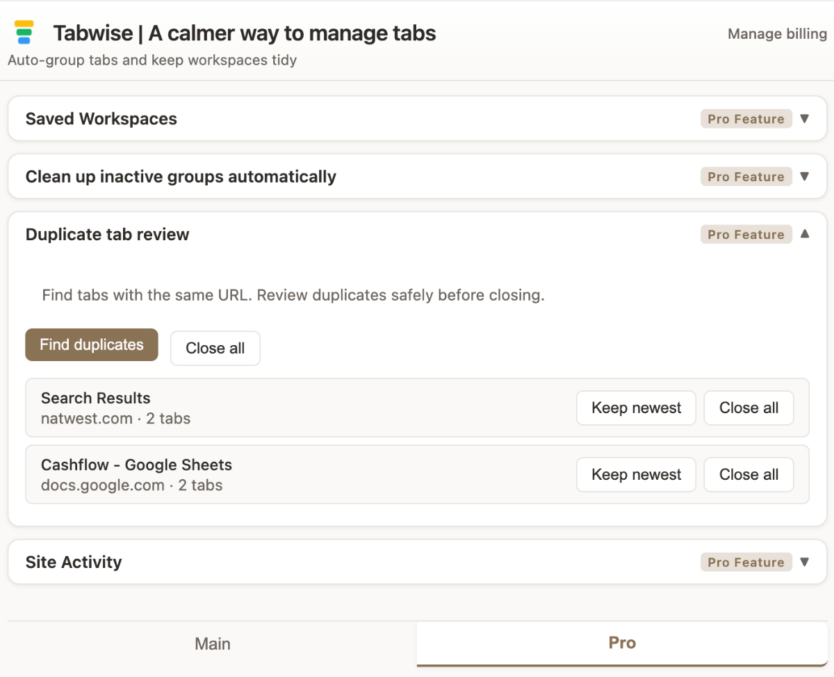 Duplicate tab review